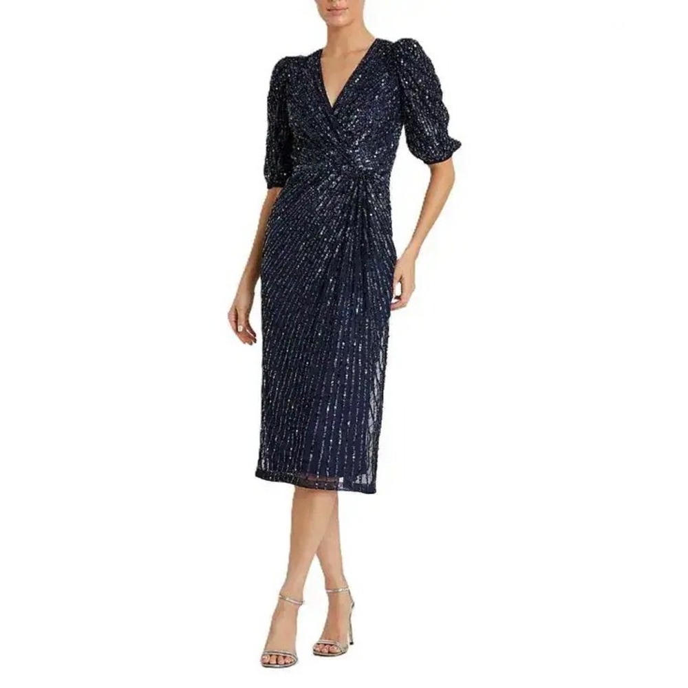 Mac Duggal Navy Blue Sequin Puff Sleeve V-Neck Midi Dress 5578 Size 16 NEW